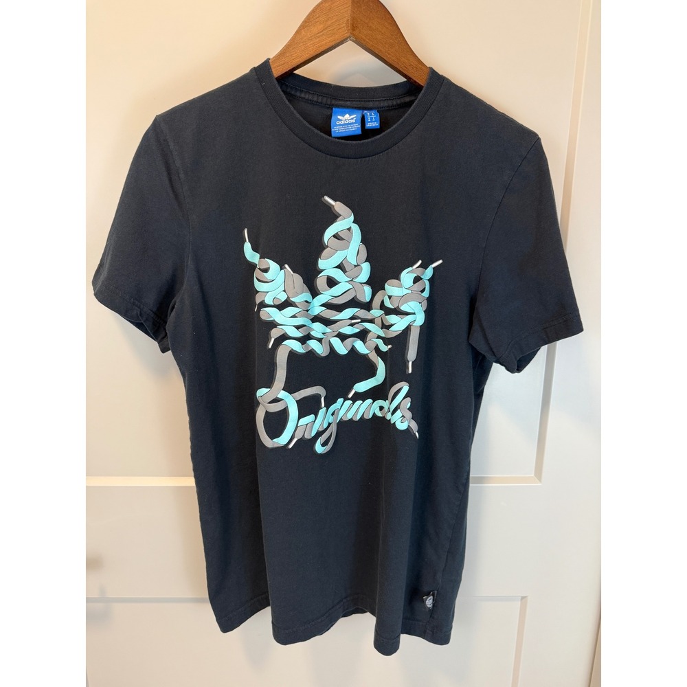Adidas Originals Men's Shoelaces Graphic‎ T Shirt Navy Green Size M